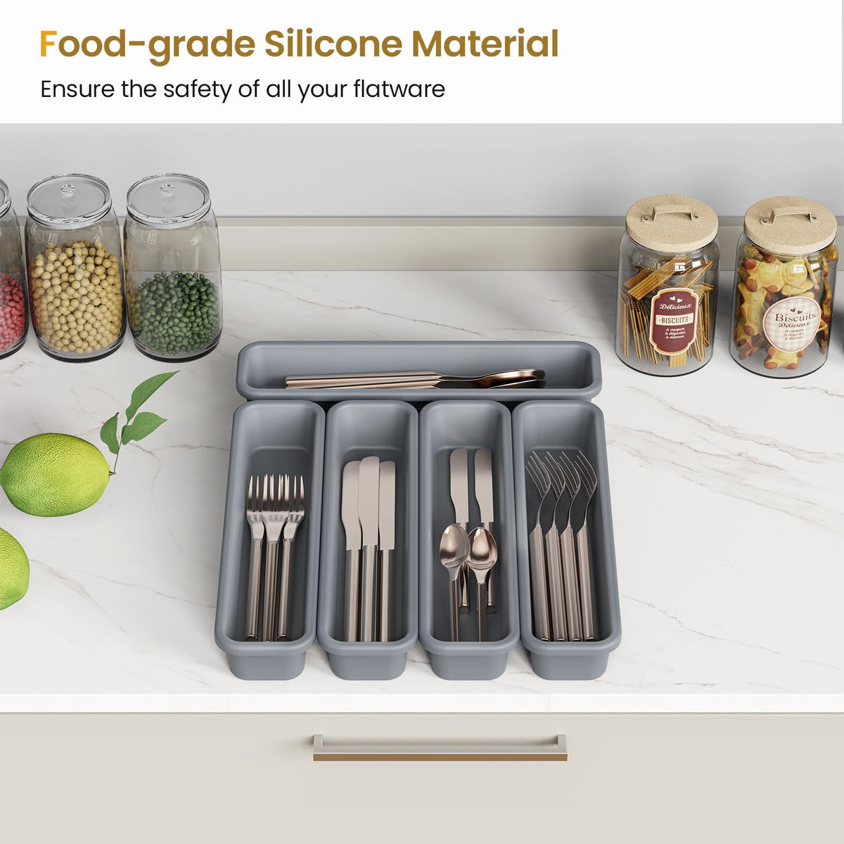 K KORKUAN silicone organizer showing DIY layout for flexible drawers