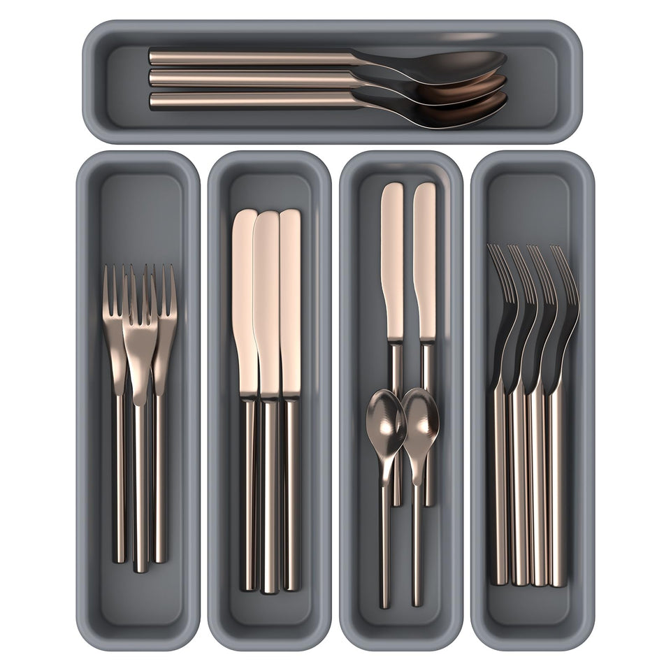 K KORKUAN silicone drawer organizer grey tray with utensil compartments