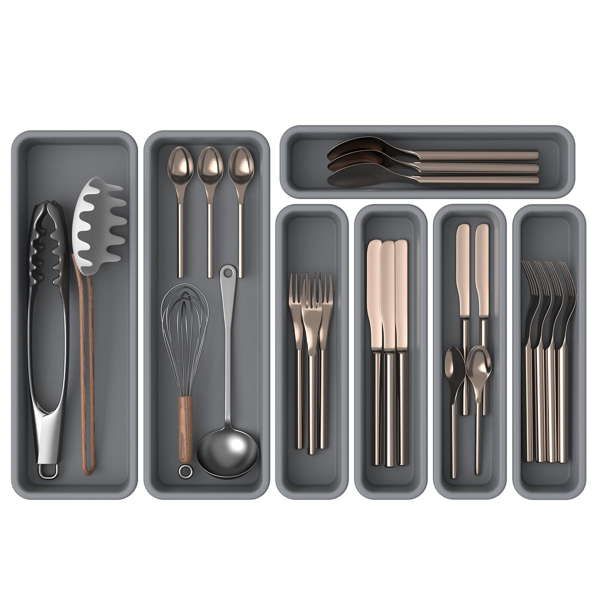 K KORKUAN silicone drawer organizer seven-pack front view for tidy utensils