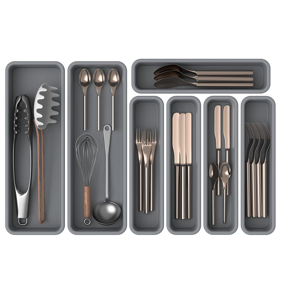 K KORKUAN silicone drawer organizer seven-pack front view for tidy utensils