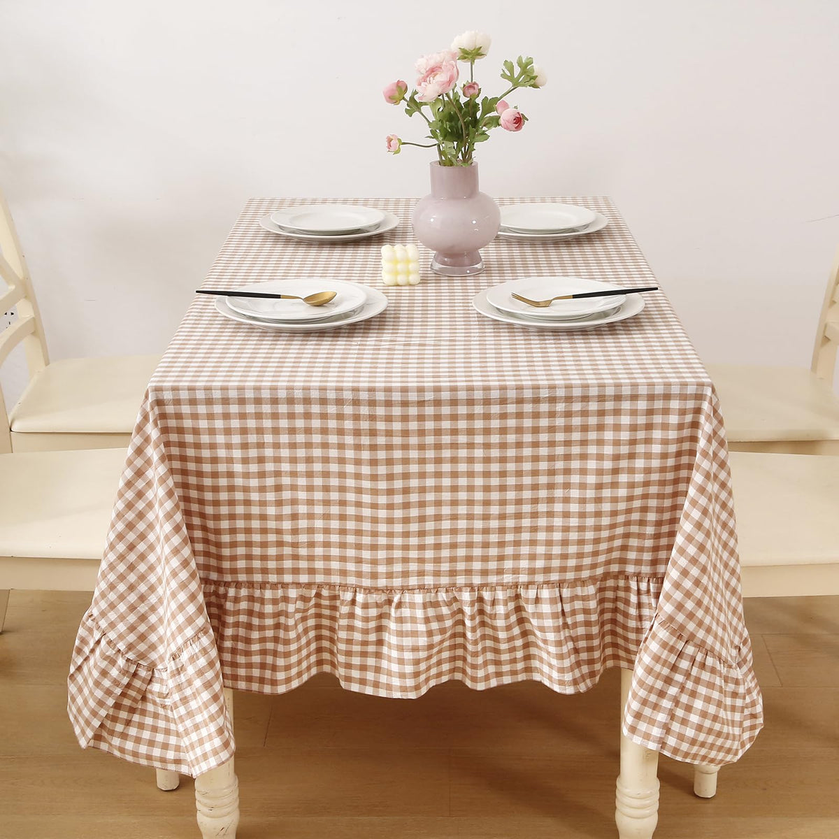 K MASANIJI taupe-white gingham tablecloth with a ruffled edge for elegant dining.