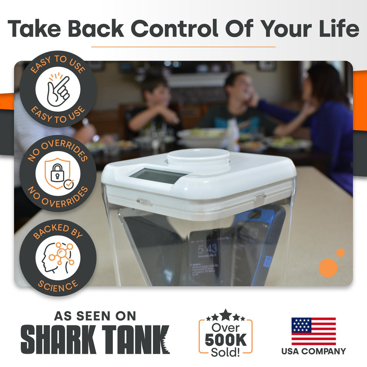 Kitchen Safe K-Safe with access port supports quick checks while enforcing a timed break.