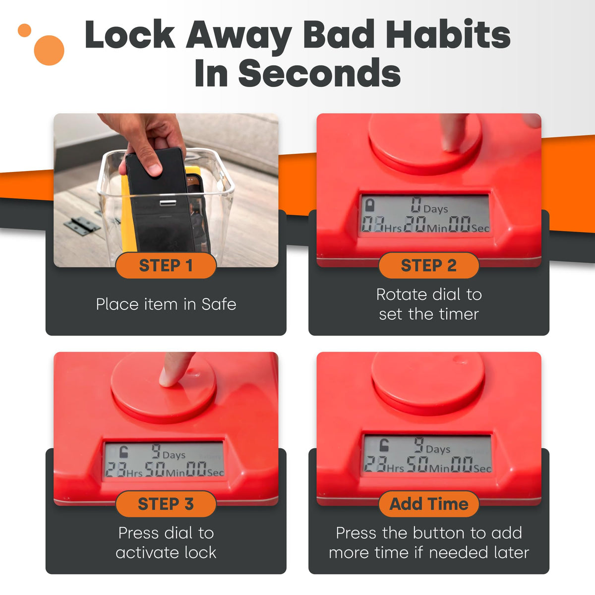 Kitchen Safe K-Safe timed lock enables a visible timer action for better planning.