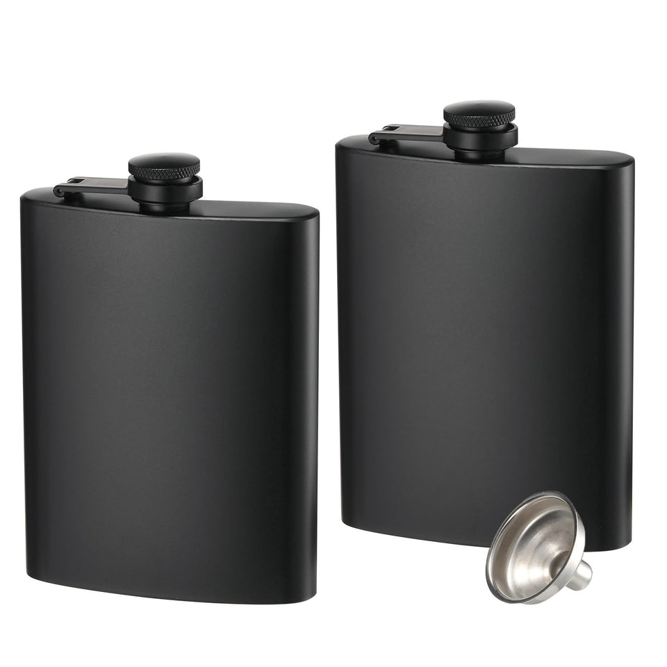 KABUDA 2-pack 8oz hip flasks in matte black for easy carrying.