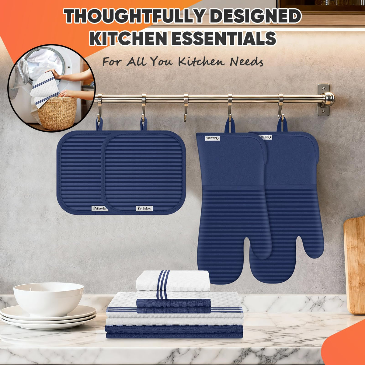 KacNacPro complete kitchen set neatly bundles mitts, holders, towels, and cloths for everyday use.