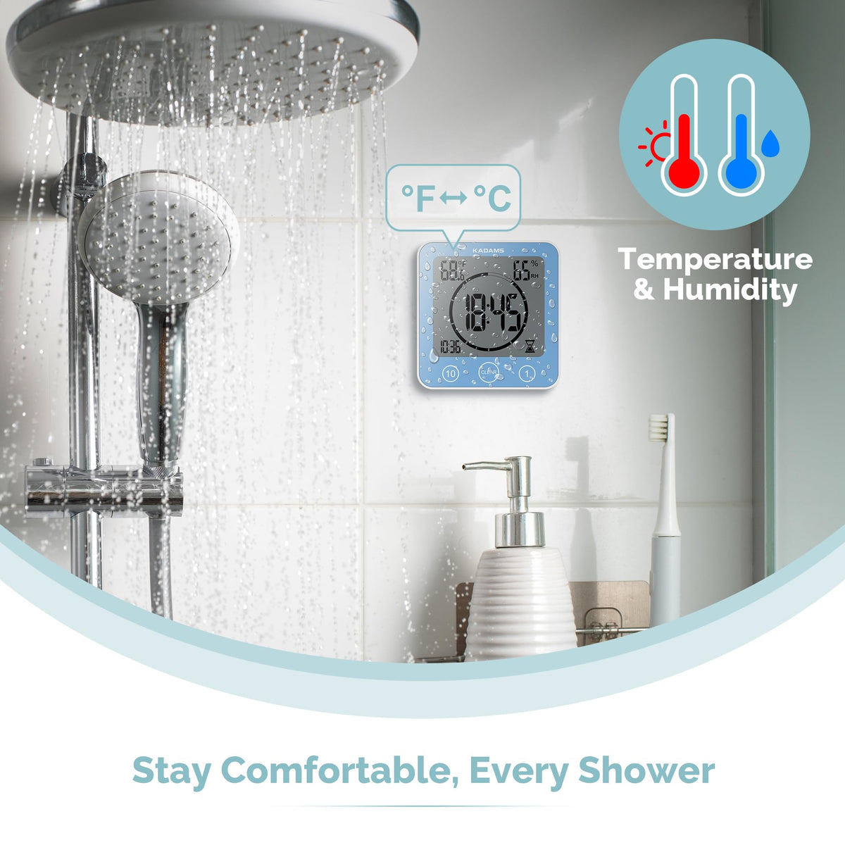 KADAMS IP24 water-resistant clock protects against splashes in damp spaces.