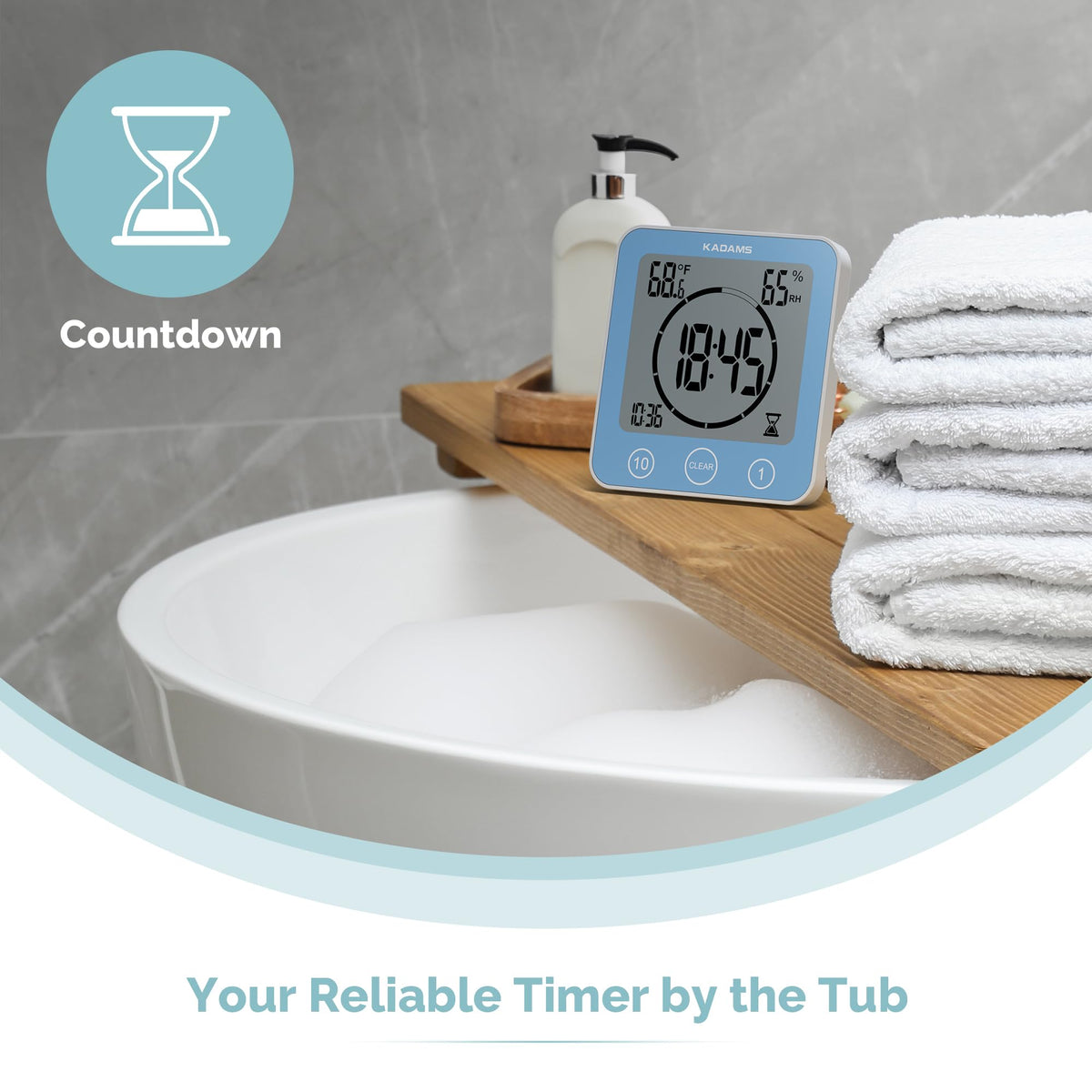 KADAMS temperature and humidity readout helps monitor bath and spa environments.