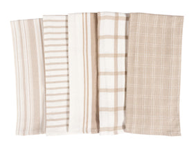 KAF Home beige flat kitchen towels stacked for dish drying.