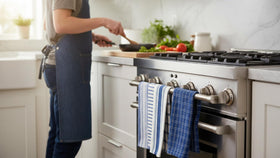 KAF Home Assorted Flat Kitchen Towels Navy counter-top scene, stylish and functional.