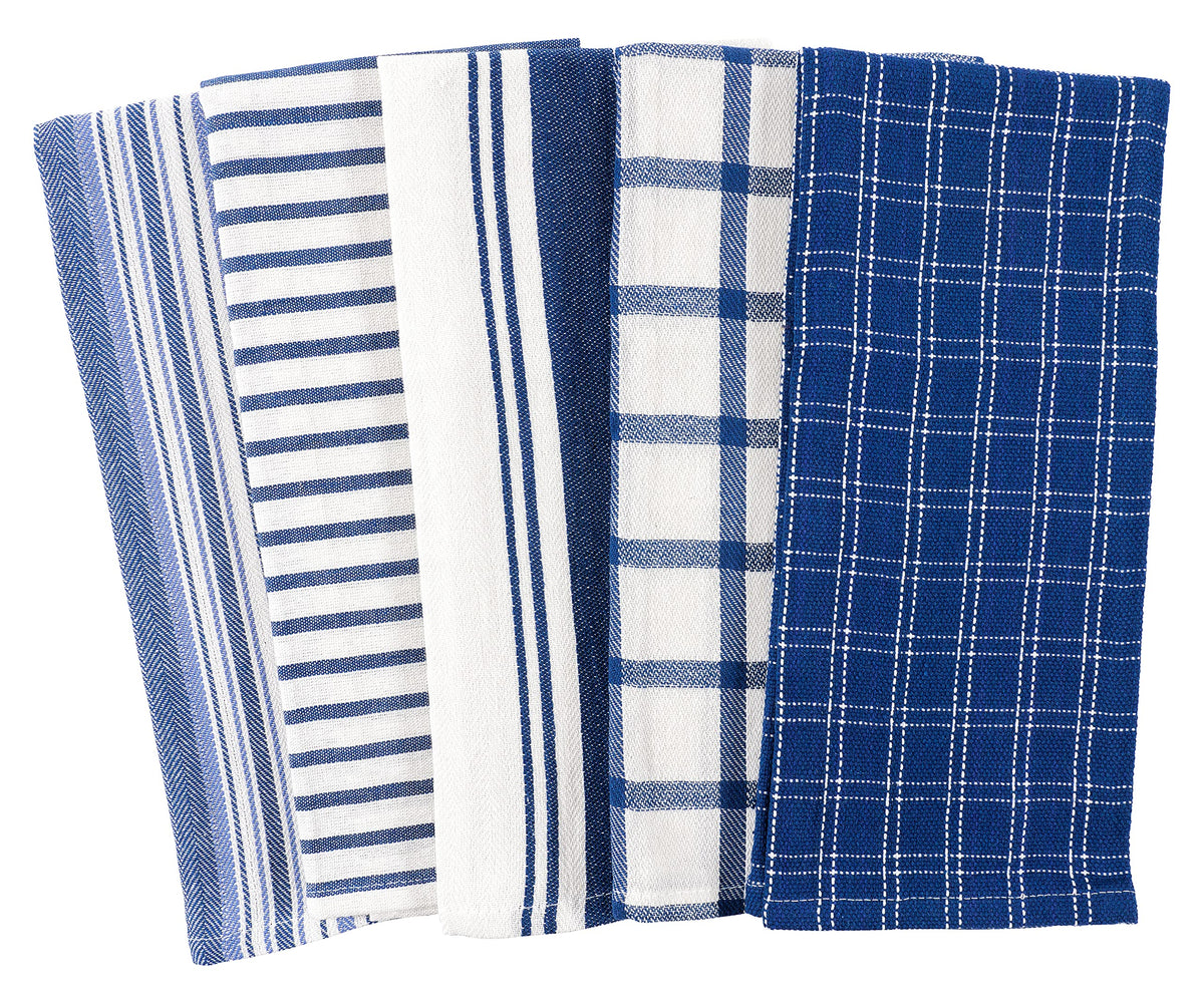 KAF Home Assorted Flat Kitchen Towels Navy folded stack close-up, soft texture for everyday use.