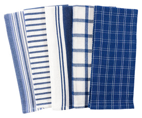 KAF Home Assorted Flat Kitchen Towels Navy folded stack close-up, soft texture for everyday use.