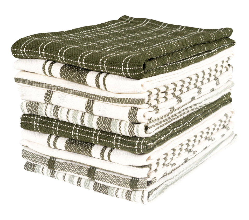 KAF Home assorted olive towels for drying dishes and wiping counters.