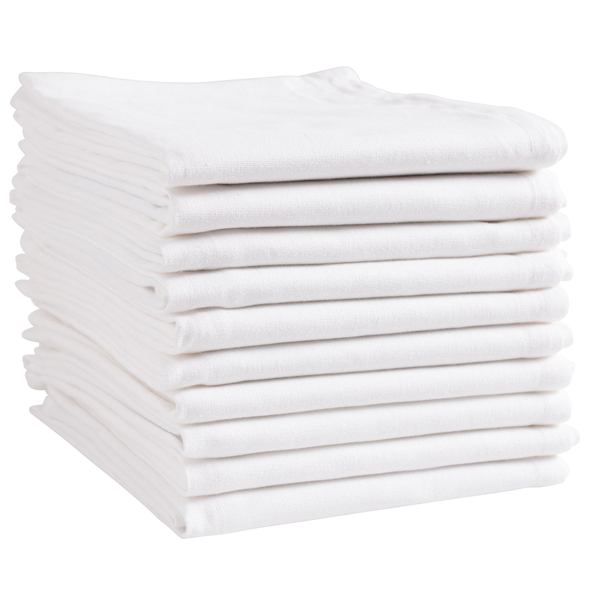 KAF Home white kitchen towels folded for display, showcasing size and durability