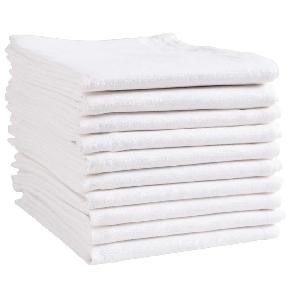 KAF Home white kitchen towels folded for display, showcasing size and durability