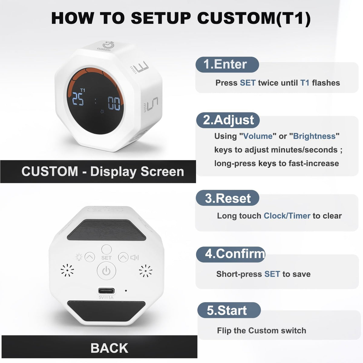 Kaflin Small Productivity Timer presets and dials enable quick 3/5/10/25/60 minute options