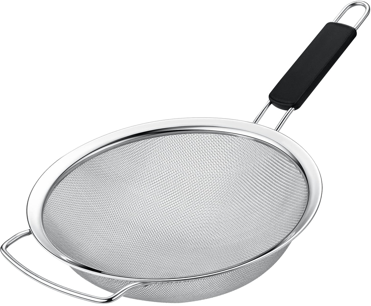 KAFOOR 9-inch fine mesh strainer ready for pasta rinse tasks with a clear view of the mesh.