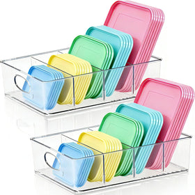 KAIDELI 2-pack lid organizer in clear plastic keeps lids upright for quick access.