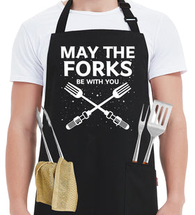 Kaidouma funny grill apron front view with May The Forks Be With You design for grilling