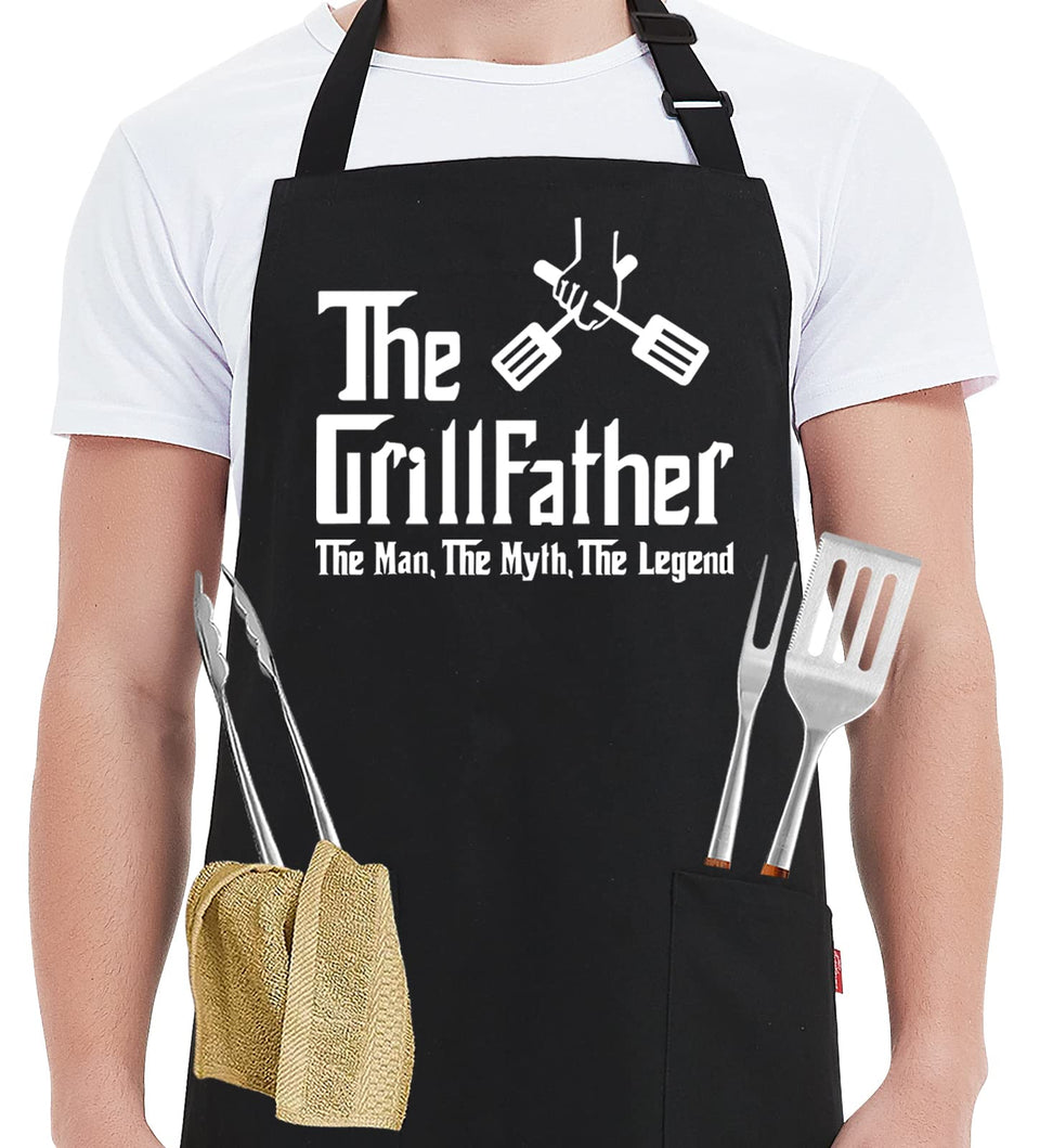 Kaidouma The Grillfather apron front view shows durable cotton and bold print for grilling.