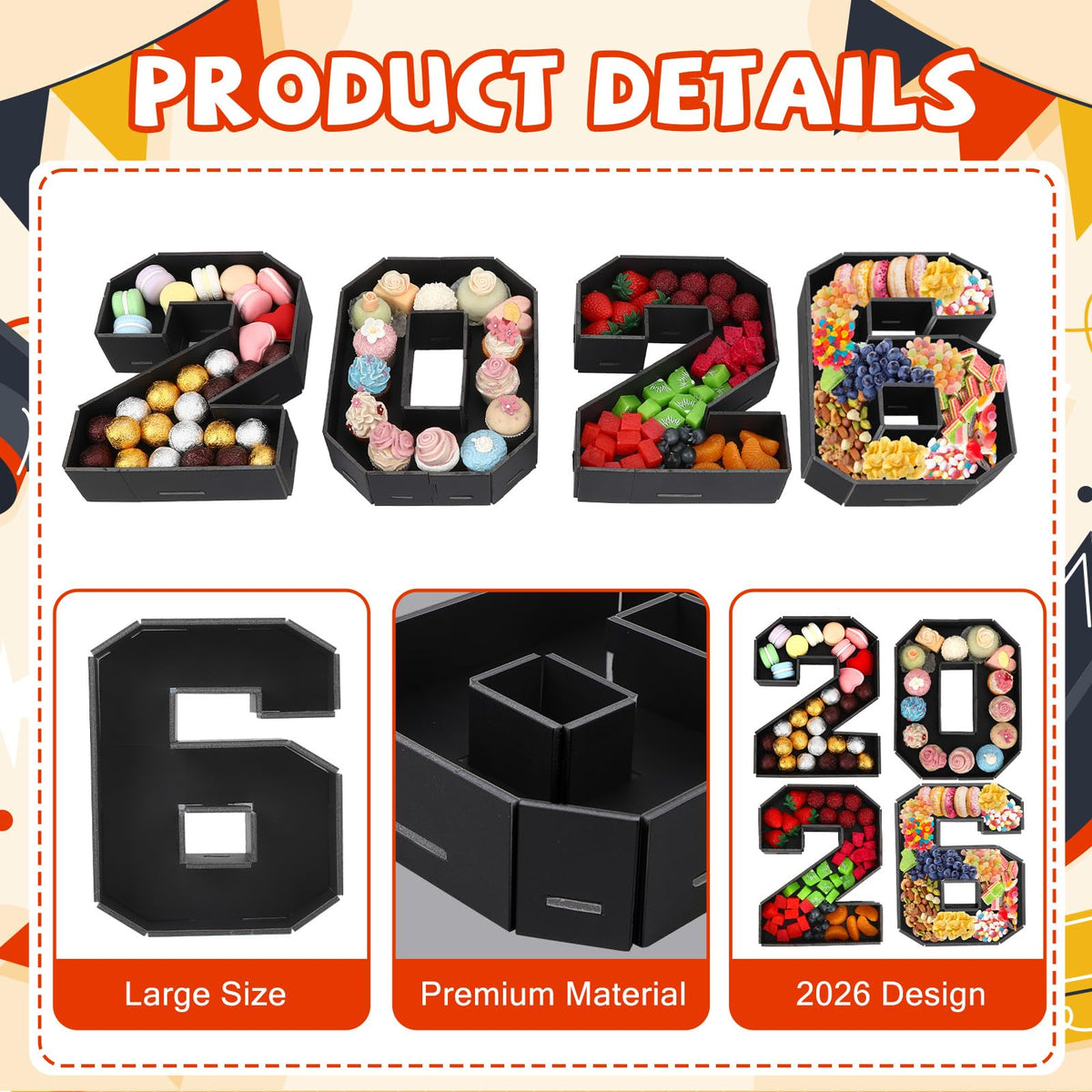 Durable cardboard construction supports food presentation while remaining lightweight for transport.