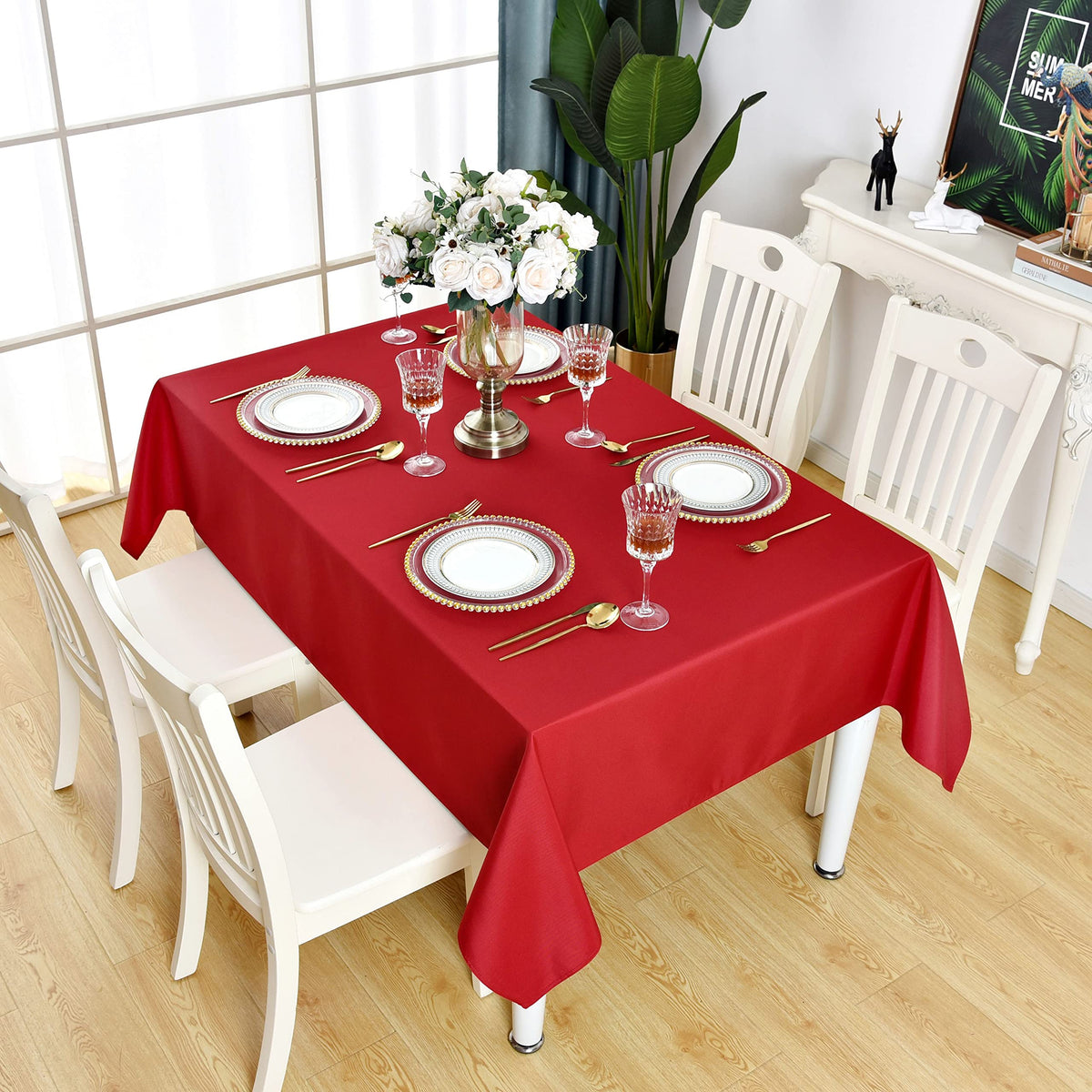 KAIPHO stain-resistant, wrinkle-free polyester tablecloth keeps surfaces clean