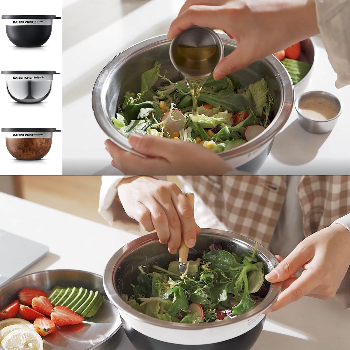Kaiser chef lid shown, securely seals to keep salads fresh during transport.