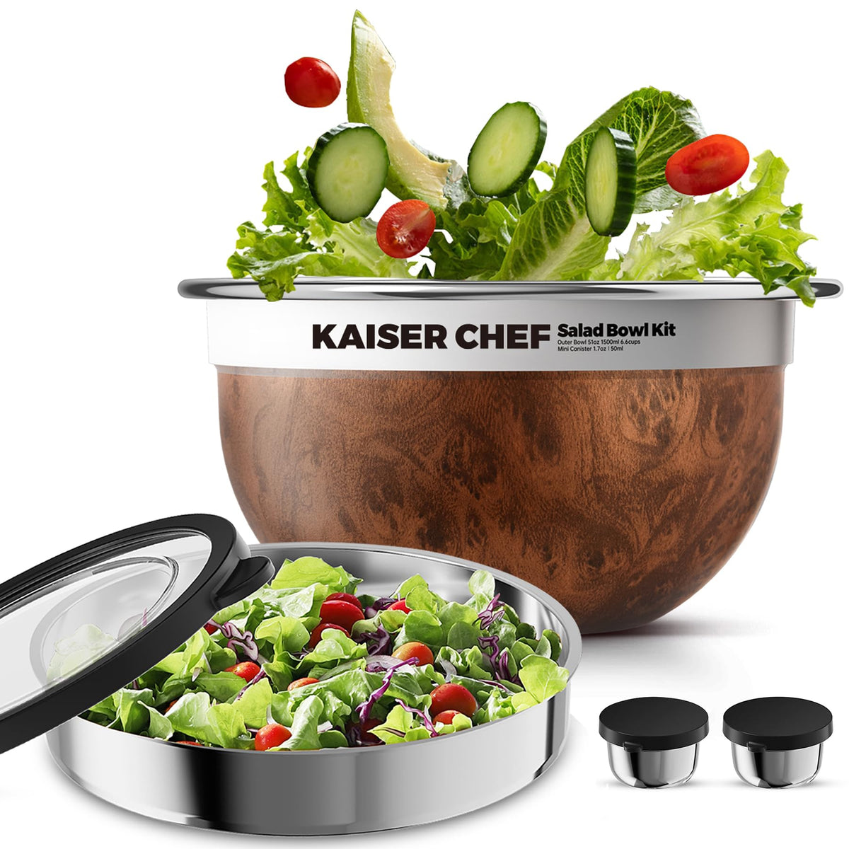 Kaiser chef outer 74oz bowl, durable stainless steel for large salads.