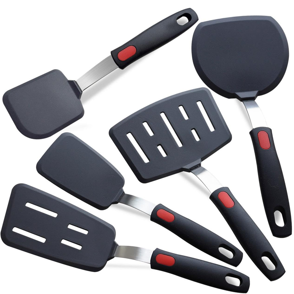 KAKAMINA silicone spatula set 5-pack for nonstick pans, durable heat resistance.