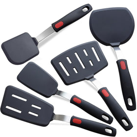 KAKAMINA silicone spatula set 5-pack for nonstick pans, durable heat resistance.