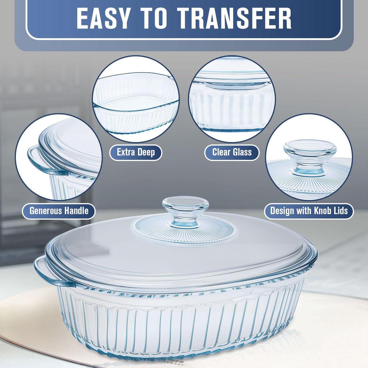 KAKO 3 qt oval glass dish with lid ideal for family-sized meals.