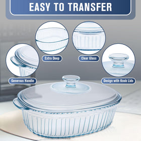 KAKO 3 qt oval glass dish with lid ideal for family-sized meals.