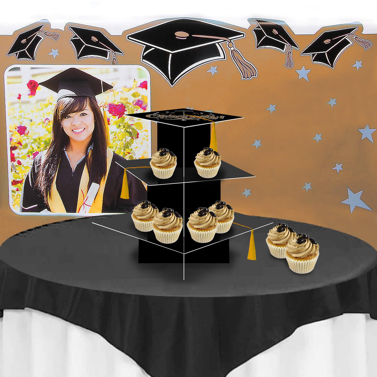 KALEFO gold grad-cap stand enhances graduation party ambiance.