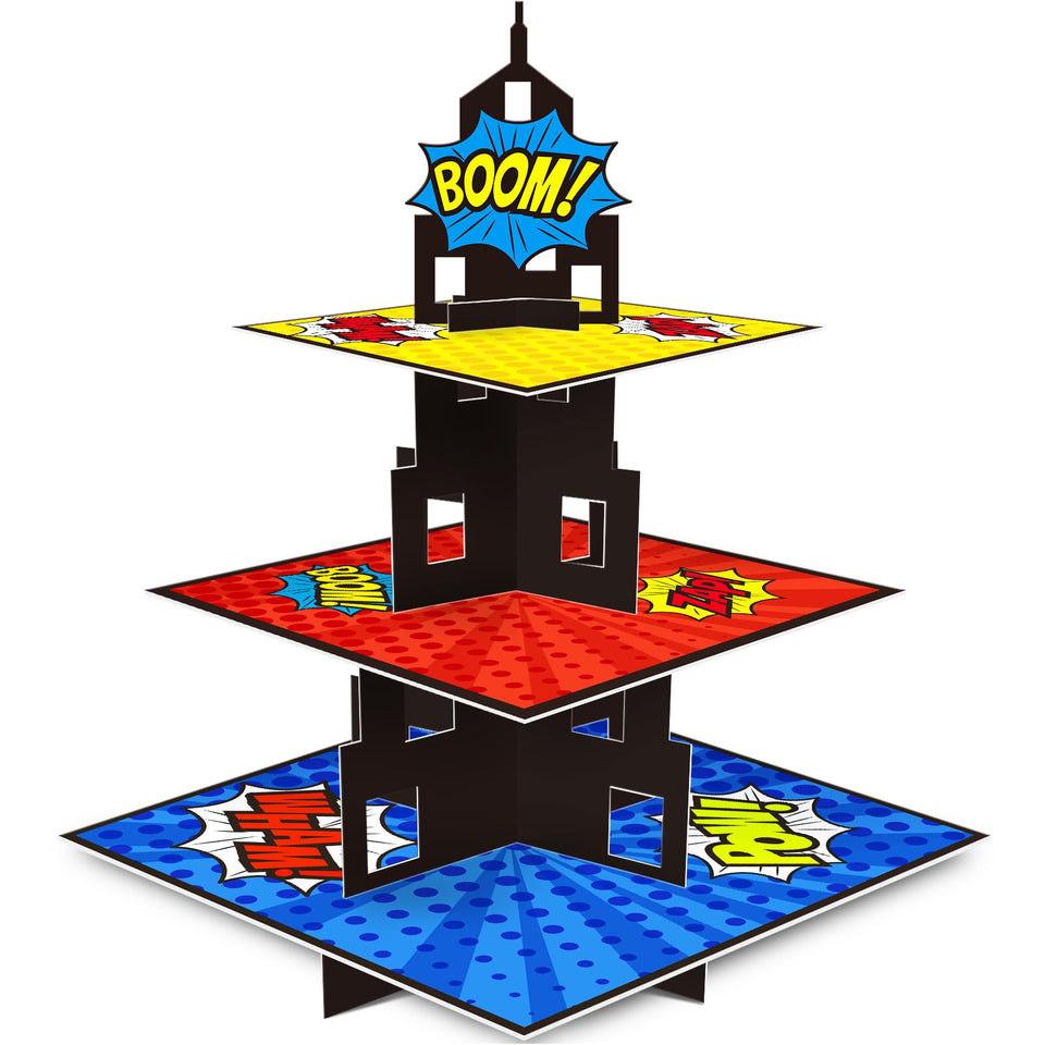 KALEFO superhero cake stand 3-tier display for festive birthdays and crowd-pleasing desserts
