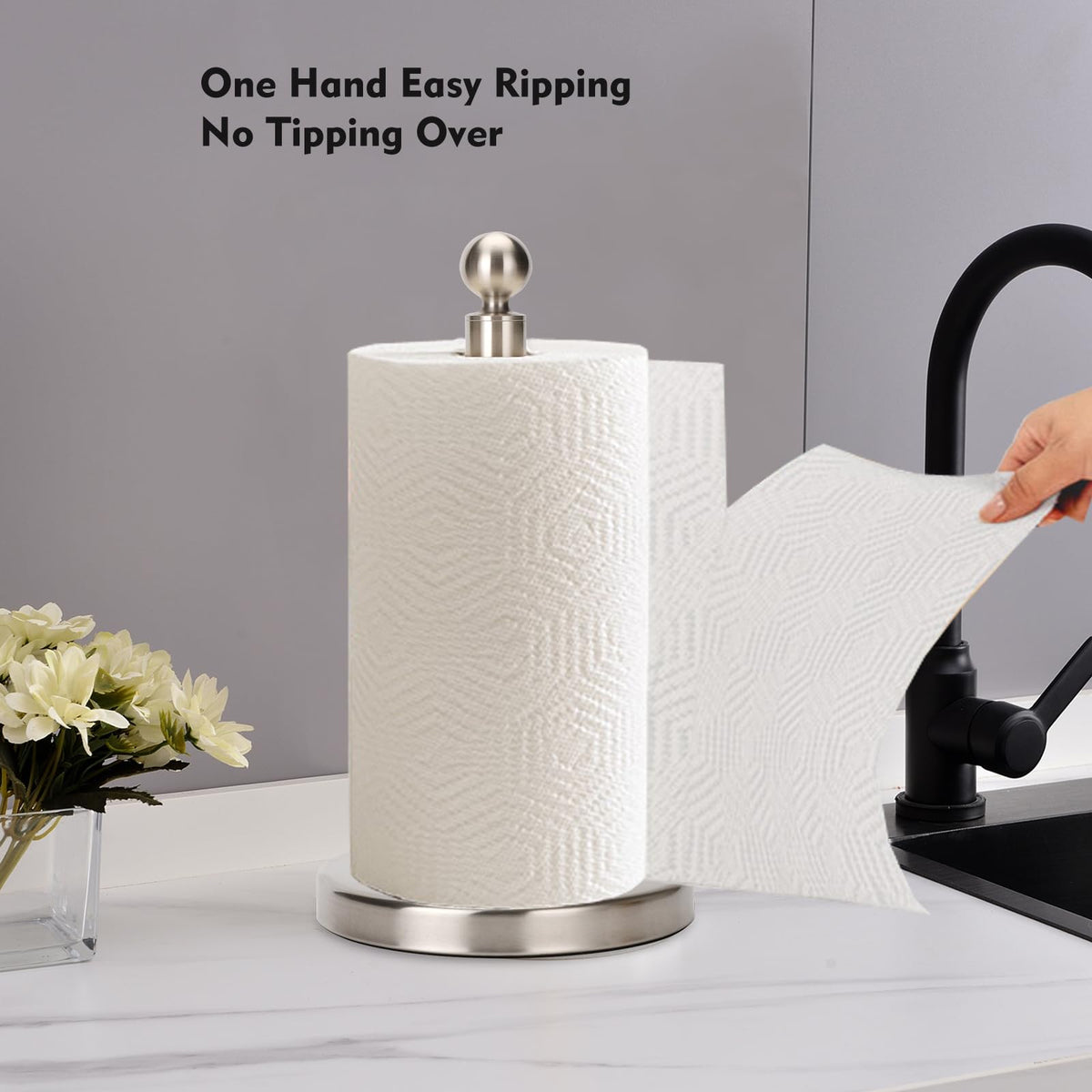 Kalitro paper towel holder shows one-handed operation design on the counter.