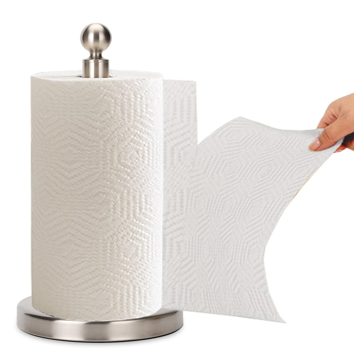Kalitro paper towel holder with weighted base enables one-handed tearing.