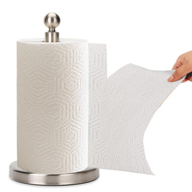 Kalitro paper towel holder with weighted base enables one-handed tearing.