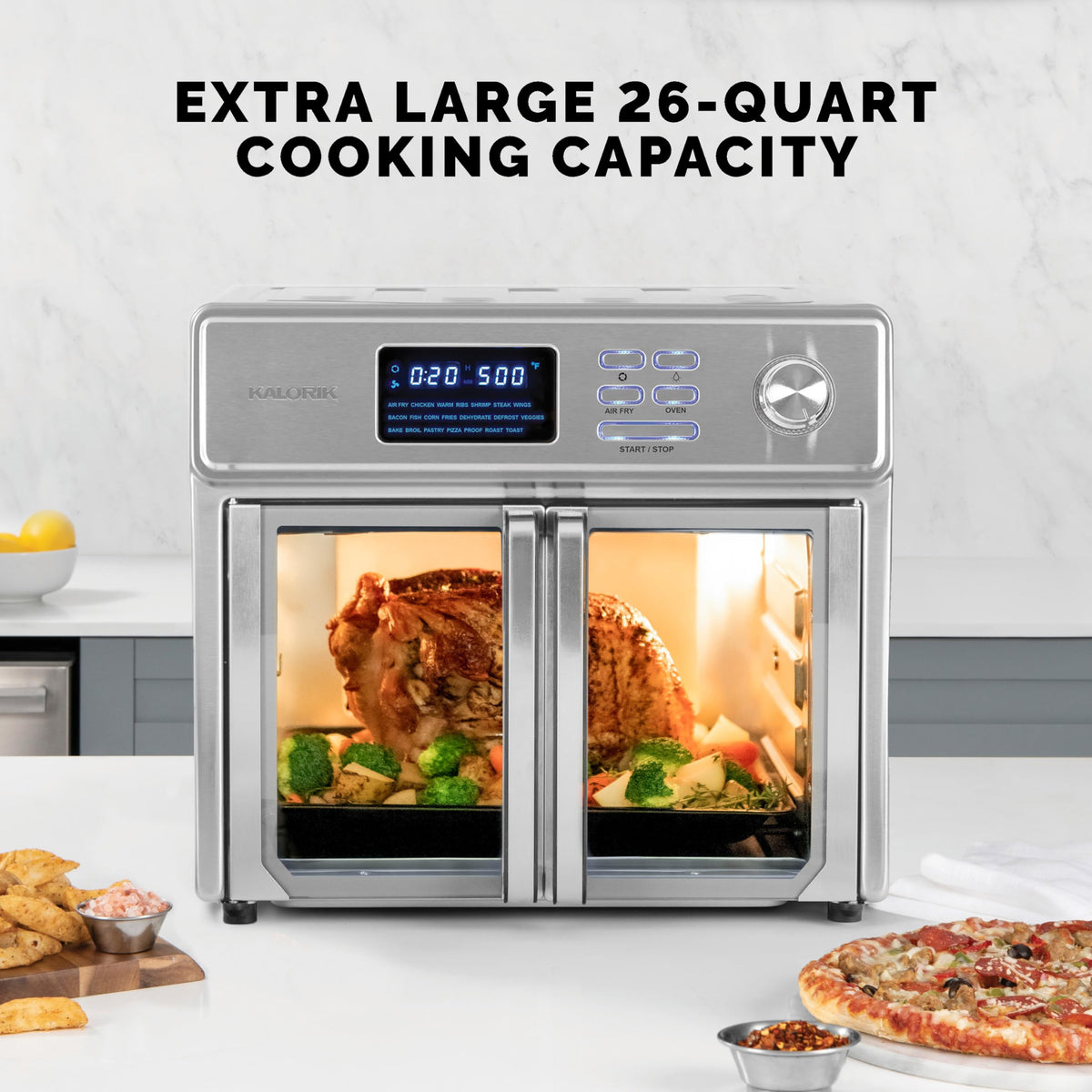 Kalorik MAXX Air Fryer Oven interior with food on racks