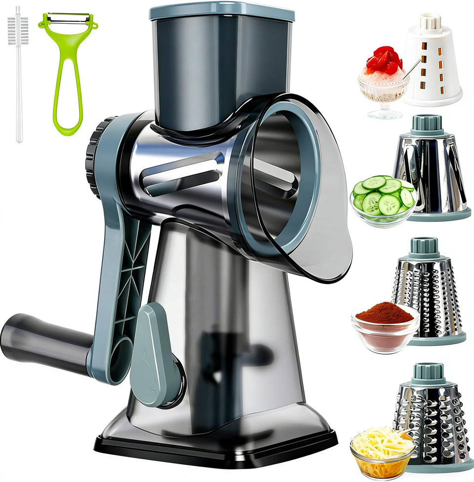 KalraMay cheese grater with blue handle offers ergonomic shredding.