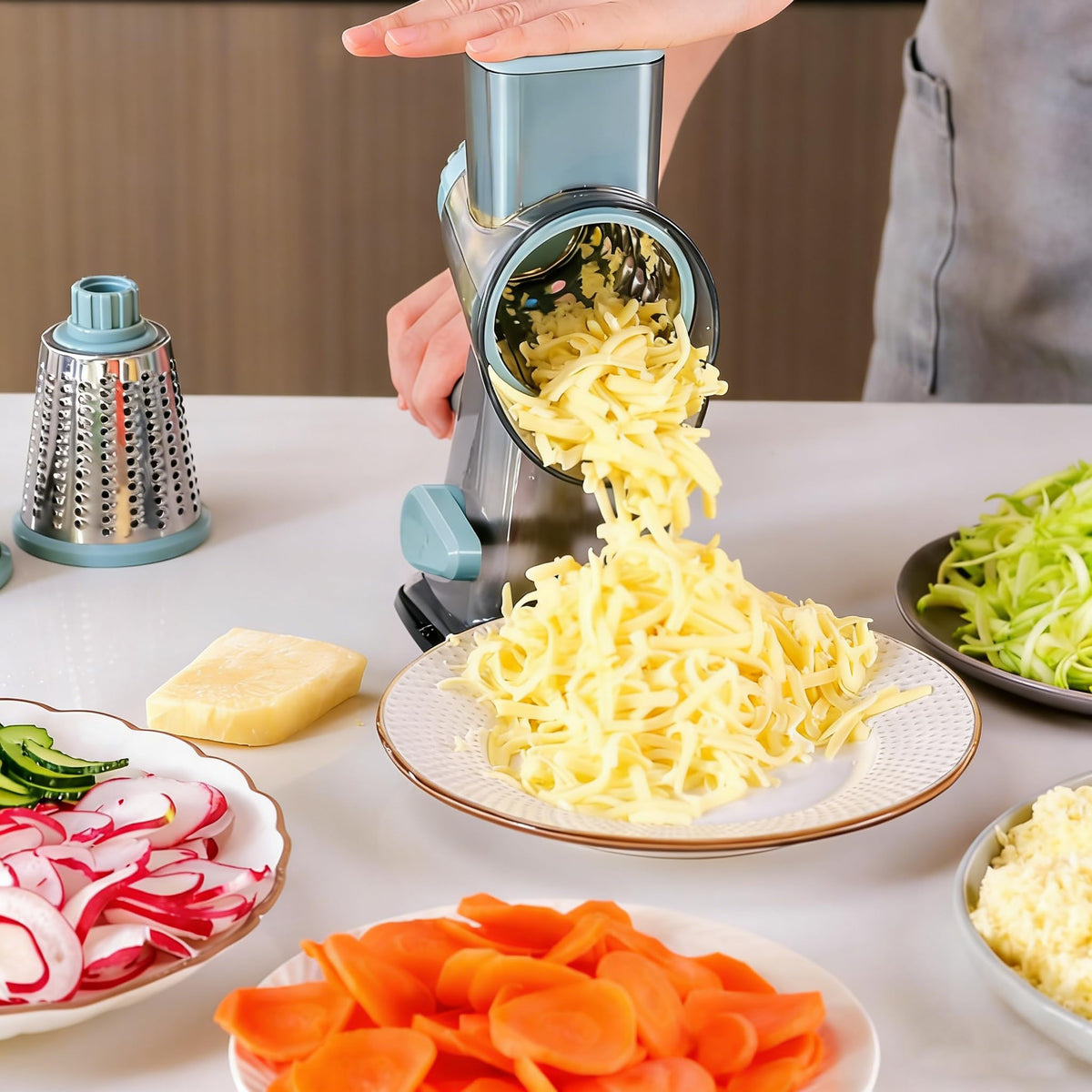 KalraMay rotary grater drum with stainless blades for precise shredding.