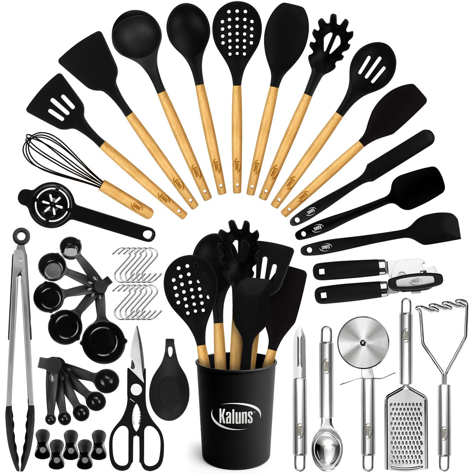 Kaluns 50-piece silicone utensils set with wood handles for durable nonstick cooking.