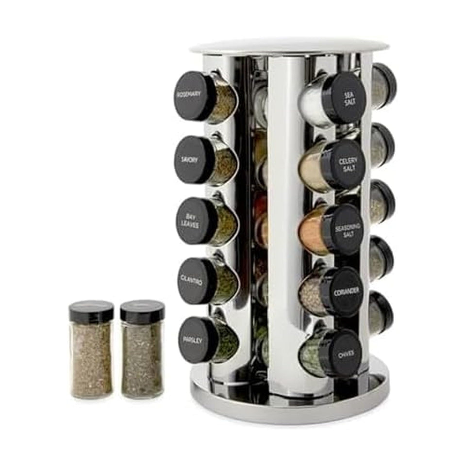 Kamenstein 20-jar spice rack in rotating front view for quick, organized spice access.