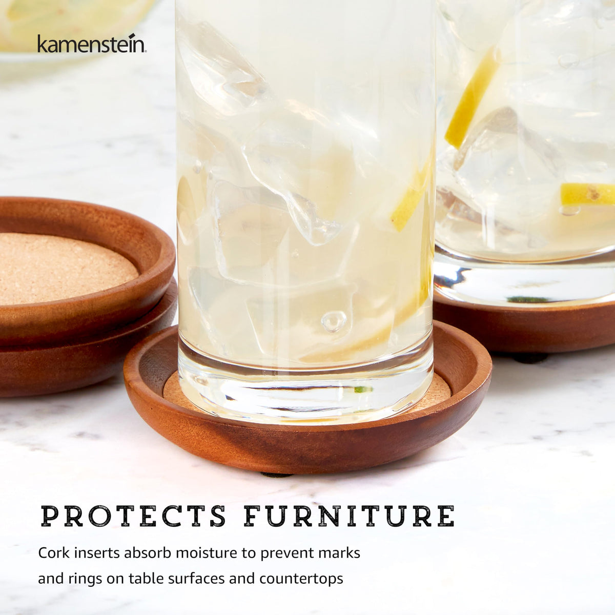 Kamenstein cork insert closeup highlights moisture absorption for surface protection.