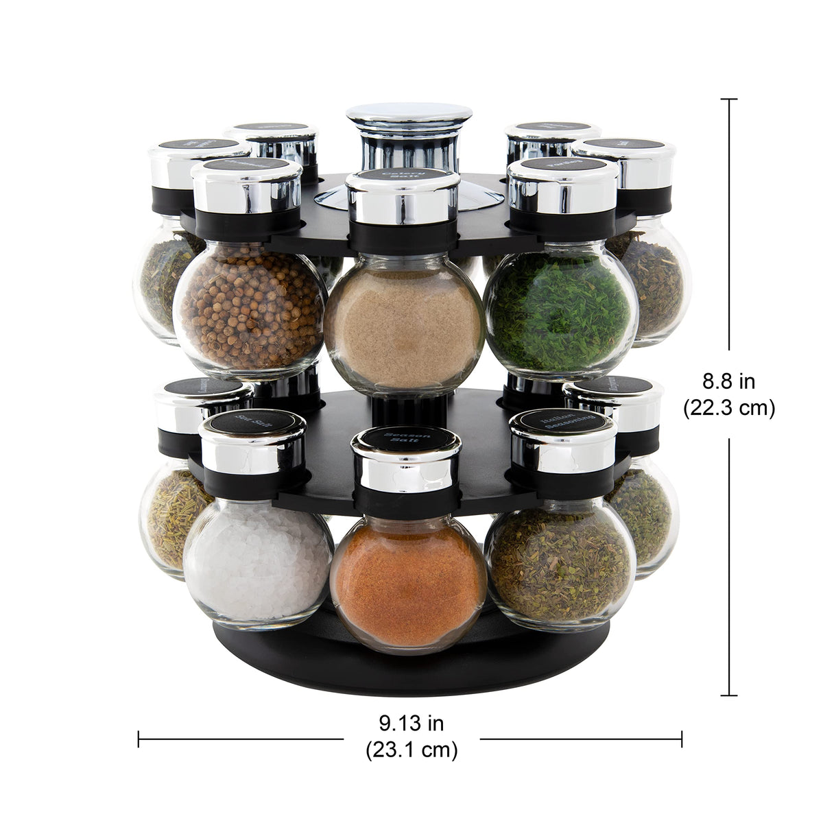 Kamenstein Ellington removable sifter caps for mess-free pouring.