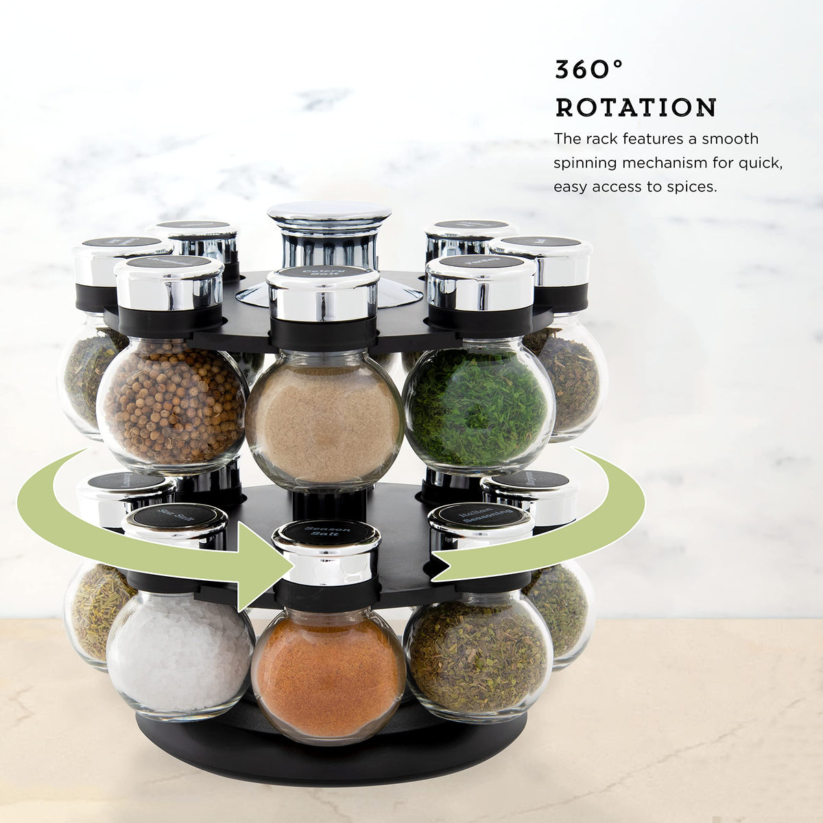 Kamenstein Ellington chrome rack keeps spices neat on countertops.