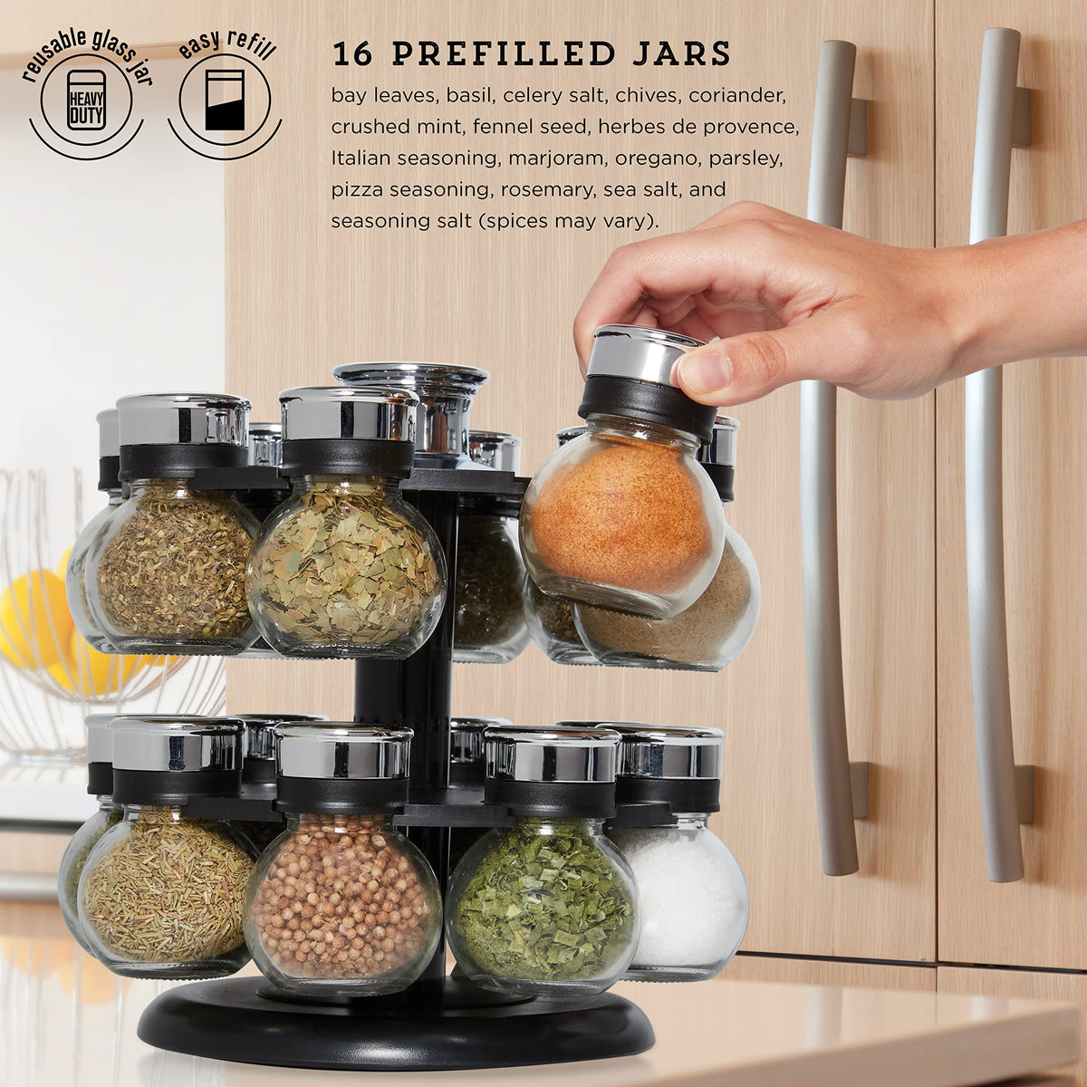Kamenstein Ellington spice jars with labeled caps support fast, accurate seasoning.