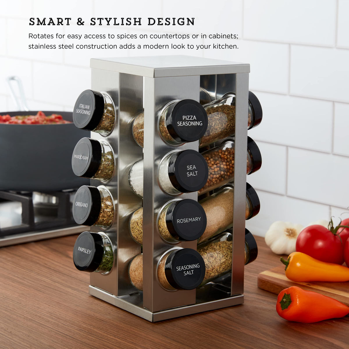 Kamenstein Heritage rotating spice rack displaying jars for easy selection.