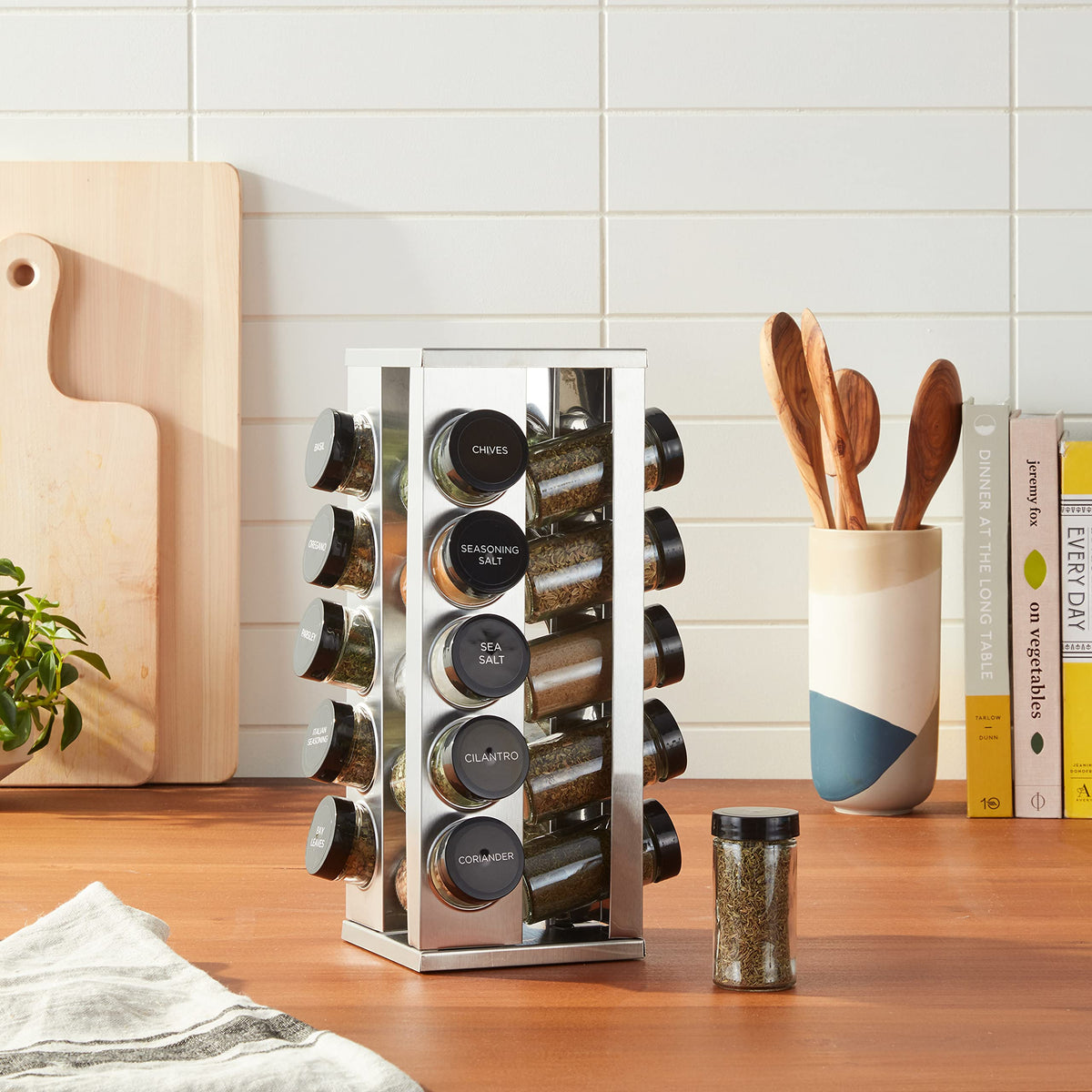 Kamenstein Heritage Rack with 20 clear glass jars offers quick visibility and access.