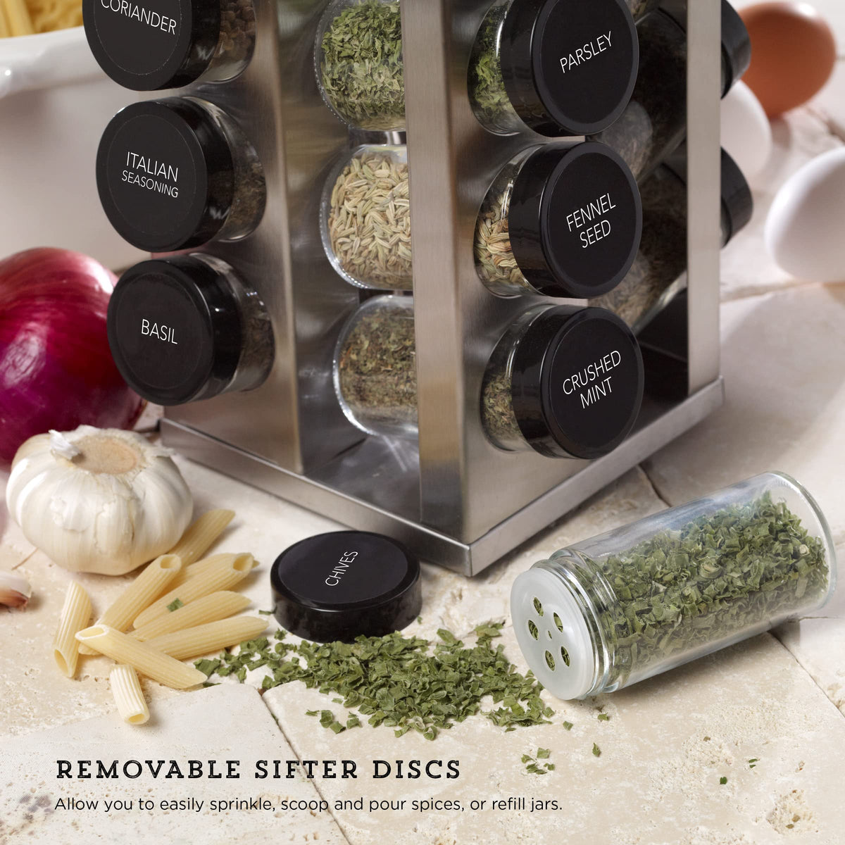 Kamenstein 360-degree rotation base keeps spices reachable with a simple spin during cooking.