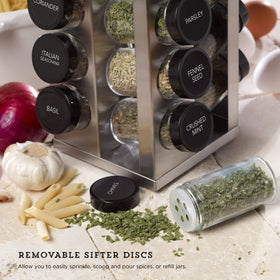 Kamenstein 360-degree rotation base keeps spices reachable with a simple spin during cooking.