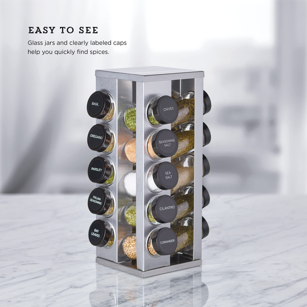 Compact, narrow footprint saves counter space while keeping jars organized.
